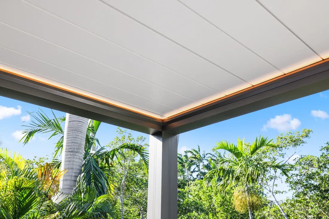 Underside of an Azenco Outdoor R-BLADE pergola with louvers closed for shade
