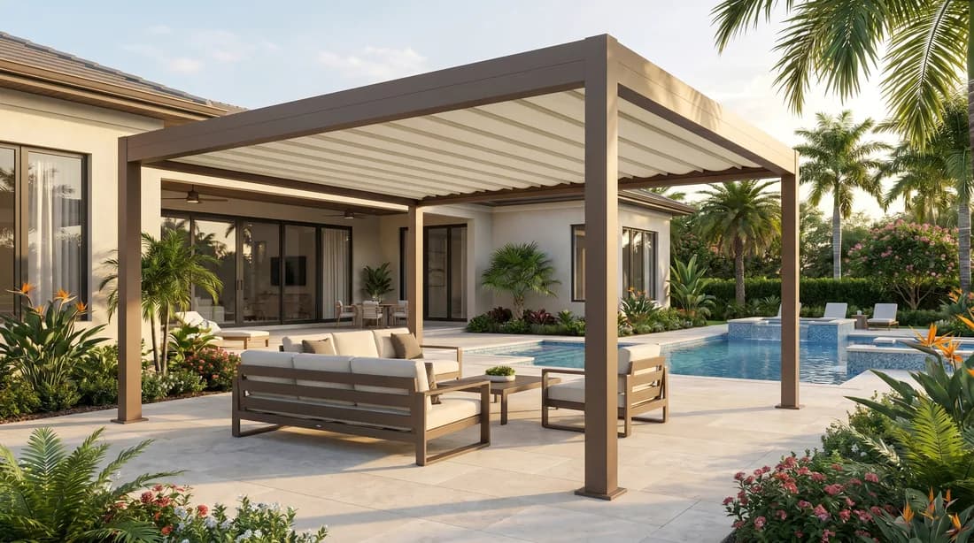 Azenco Outdoor R-WEAVE retractable fabric shade in a custom color beside a pool